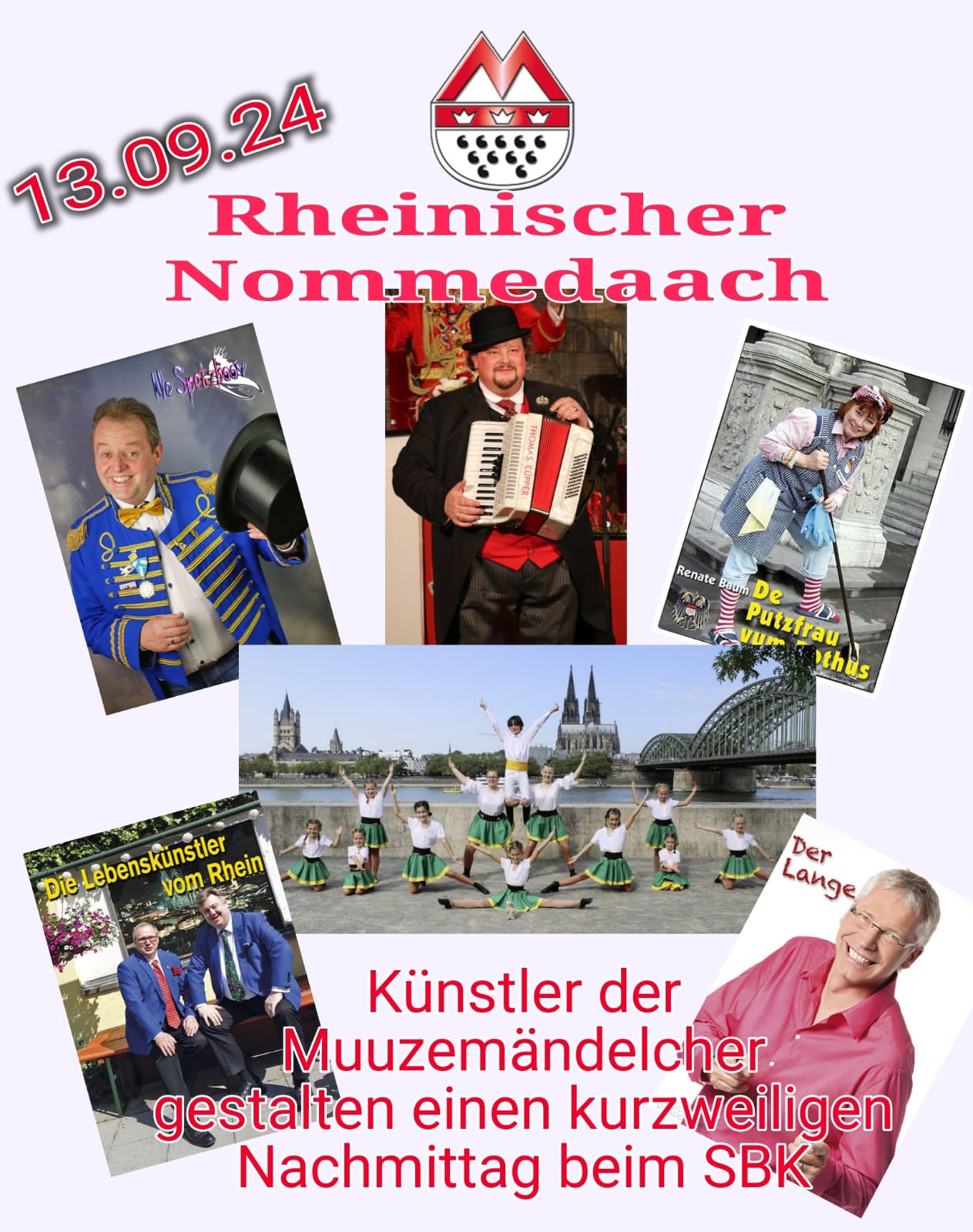 Plakat: Rheinischer Nommedaach der Muuzemändelcher – Die Kölner Karnevalisten e.V. 1949, für die Senioren von Nippes, am 13.09.24 – mit Ne Spetzboov (Hans-Willi Mölders), Der Lange (Alfred Wings), Renate Baum als „De Putzfrau vum Rothus", den „Lebenskünstlern vom Rhein" und einer Kindertanzgruppe vor der Kölner Skyline