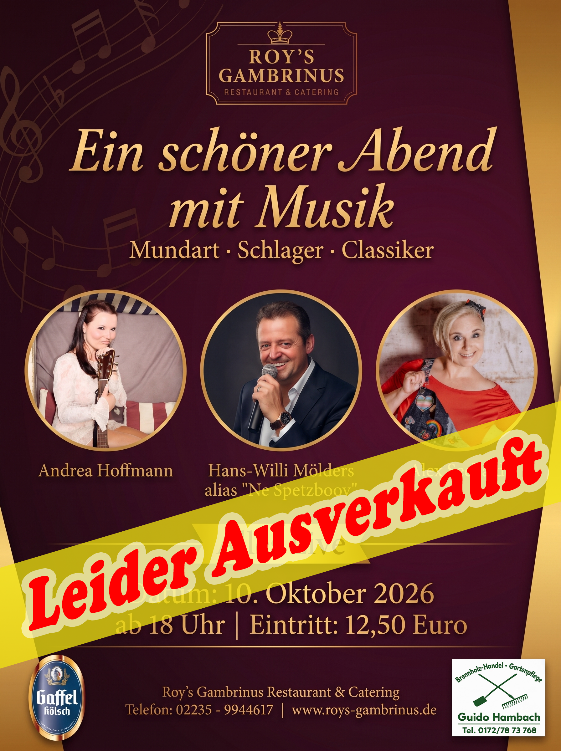 Plakat: „Ein schöner Abend mit Musik" – Mundart, Schlager, Classiker mit Andrea Hoffmann, Hans-Willi Mölders alias „Ne Spetzboov" und Alex Seebald am 10. Oktober 2026 ab 18 Uhr im Roy’s Gambrinus, Eintritt 12,50 Euro – die Veranstaltung ist ausverkauft