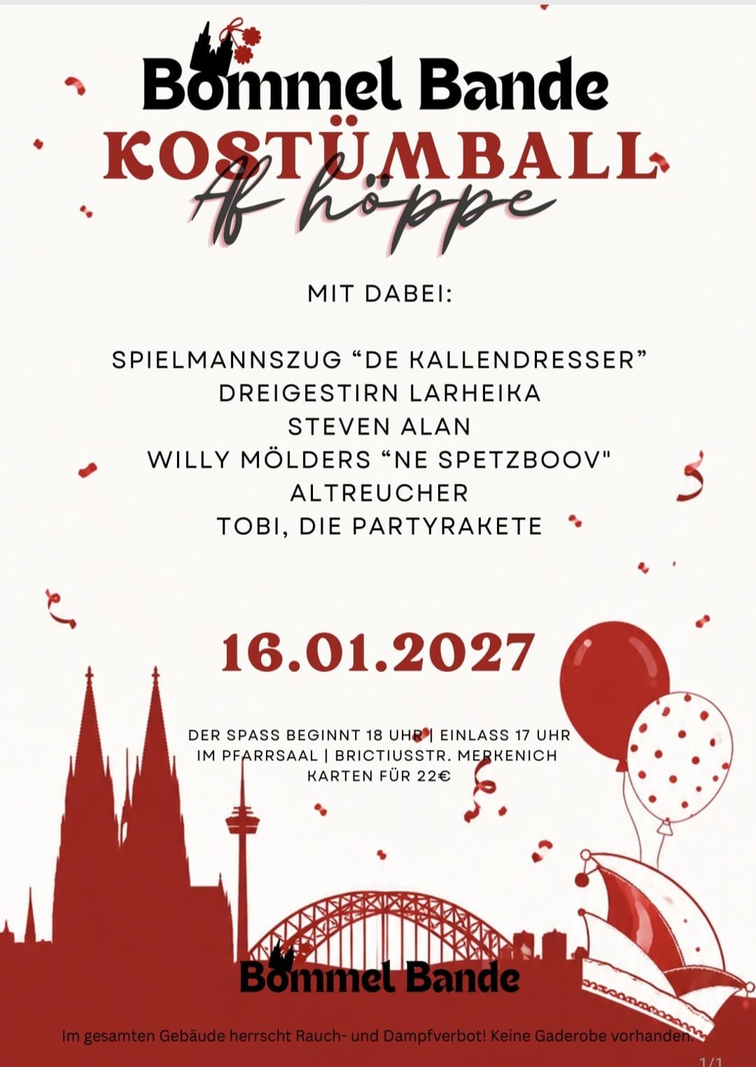 Plakat: Bommel Bande Kostümball „Aff höppe" am 16.01.2027, Einlass 17 Uhr, Beginn 18 Uhr im Pfarrsaal, Brictiusstr. Merkenich, Karten für 22 Euro – mit dabei Spielmannszug „De Kallendresser", Dreigestirn Larheika, Steven Alan, Willy Mölders „Ne Spetzboov", Altreucher sowie Tobi, die Partyrakete